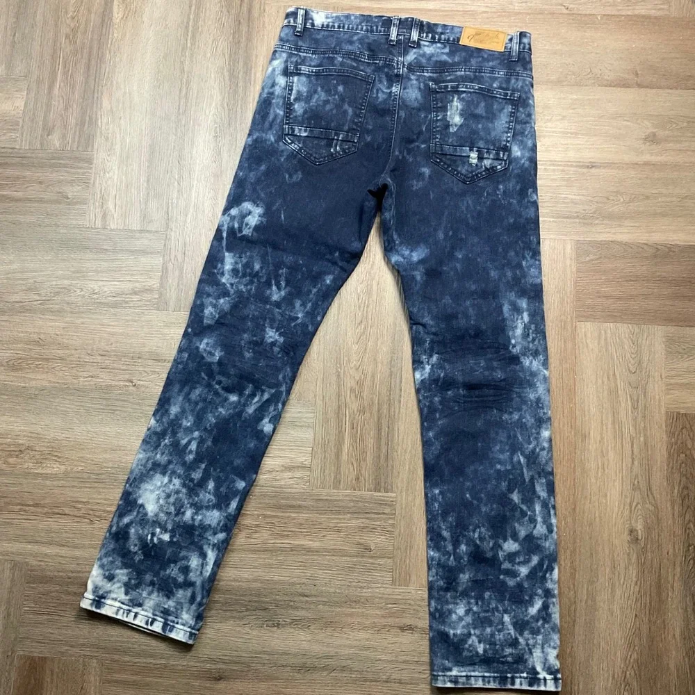 True‎ Luck Jeans Mens 36x34 Blue Distressed Acid Wash Slim Fit Moto Biker Denim - Picture 4 of 11